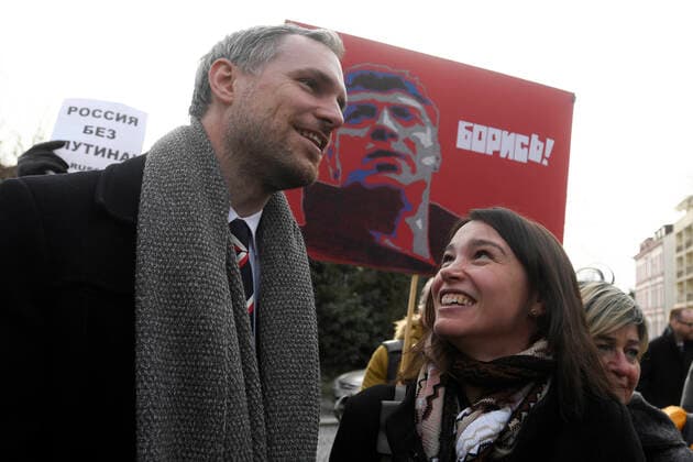 Prague Mayor Zdenek Hrib (Pirates), left, unveiled a plaque that renames a square in front of the Russian embassy after assassinated Russian politician Boris Nemtsov in Prague, Czech Republic, February 27, 2020, accompanied by Nemtsov s daughter Zhanna, right, and tens of supporters five years after Nemtsov s death. Nemtsov published reports detailing corruption under Russian President Vladimir Putin and organised marches and civil actions in support of fair elections and democracy. (CTKxPhoto OndrejxDeml) CTKPhotoP202002270866001 dml 007