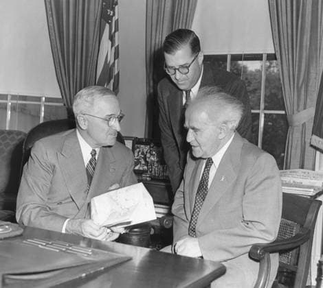 President Harry Truman meeting with PM David Ben-Gurion (seated) and Ambassador Abba Eban of Israel. May 8, 1951. - (BSLOC_2014_15_33) For usage credit please use; PUBLICATIONXNOTxINxCANxCHNxFRAxITAxJPNxNORxPOLxRUSxESPxUKxUSA Copyright: xCourtesyxEverettxCollectionx HISL038 EC830