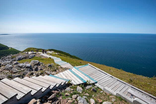 Canada, Nova Scotia, Steps of Skyline Trail on shore of Cape Breton Highlands National Park  ELF02113