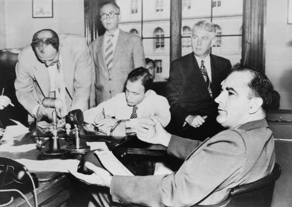 Sen. Joseph McCarthy speaking to reporters, 1951. He gained national attention with his accusations that members of a Communist spy ring were employed in the State Department. (BSLOC_2015_14_25) For usage credit please use; PUBLICATIONXNOTxINxCANxCHNxFRAxITAxJPNxNORxPOLxRUSxESPxUKxUSA Copyright: xCourtesyxEverettxCollectionx HISL040 EC546