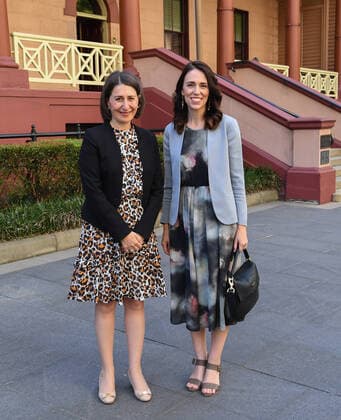 JACINDA ARDERN VISIT, Premier of New South Wales Gladys Berejiklian (left) and New Zealand Prime Minister Jacinda Ardern pose for a photo at NSW Parliament House in Sydney, Friday, February 28, 2020. ( NO ARCHIVING, EDITORIAL USE ONLY, NO USE IN BOOKS WITHOUT CONSENT SYDNEY NSW AUSTRALIA  Copyright: xJAMESxD.xMORGANx 20200228001452195618