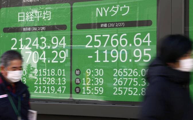 Global stock market slide A financial data screen in Tokyo shows the Nikkei Stock Average (L) falling sharply on Feb. 28, 2020, next to the closing price of the Dow Jones Industrial Average that posted its record daily points drop overnight amid fears over the new coronavirus. 