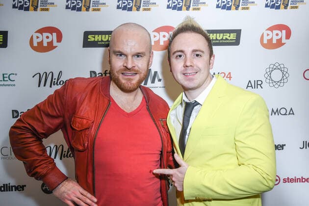 Human rights activist Philip Baldwin and singer John Galea attend The Music Producers Guild Awards at JW Marriott Grosvenor House London on Park Lane in London. FEBRUARY 27th 2020  SLIx20575