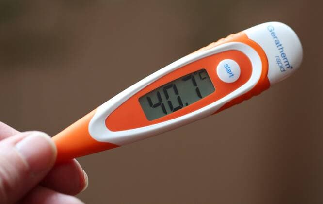 Corona 28 02 2020 , Erfurt, clinical thermometer shows 40.7 degrees