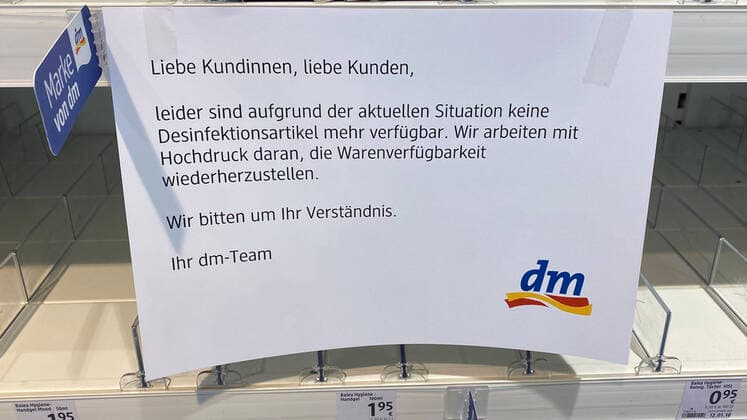 Coronavirus anxiety, hamster purchases, at a DM market you wont find any more disinfection articles, a leaflet on the shelf was attached for information Hamster purchases because of coronavirus on 28 02 2020 in Siegen Germany