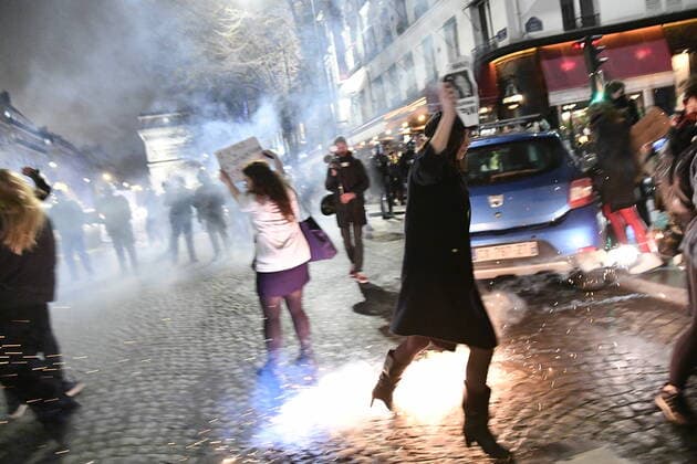 Tear gas is fired at the Demonstration of Women during the Cesar Awards ceremony to protest against the appointments of Roman Polanski.  JulienxMattiax xLexPictorium LePictorium_0225170