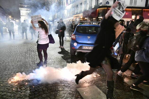Tear gas is fired at the Demonstration of Women during the Cesar Awards ceremony to protest against the appointments of Roman Polanski.  JulienxMattiax xLexPictorium LePictorium_0225176