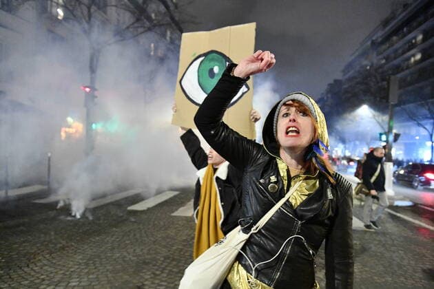 Tear gas is fired at the Demonstration of Women during the Cesar Awards ceremony to protest against the appointments of Roman Polanski.  JulienxMattiax xLexPictorium LePictorium_0225178