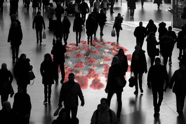 PHOTO MONTAGE Symbol image of the spread of the coronavirus in Germany Virus with crowd