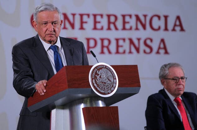 (200229) -- MEXICO CITY, Feb. 29, 2020 (Xinhua) -- Mexican President Andres Manuel Lopez Obrador (L) speaks at a news conference in Mexico City, Mexico, Feb. 28, 2020. The Mexican government announced on Friday the country s first case of COVID-19. (Xinhua) MEXICO-MEXICO CITY-COVID-19-FIRST CASE 