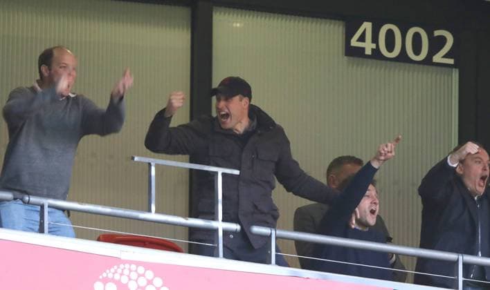 Prince William, Duke of Cambridge, celebrates as his beloved Aston Villa scores their first goal to makes the score 1-2 at the Carabao Cup Final match Aston Villa v Manchester City, at Wembley Stadium, London, UK, on March 1, 2020. **Editorial use only, license required for commercial use. No use in betting, games or a single club league player publications** 