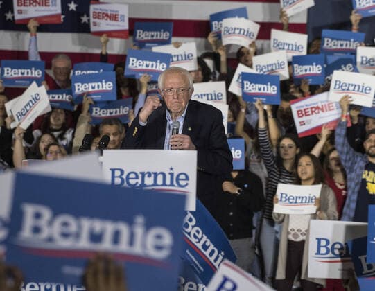 Democratic candidate Bernie Sanders speaks to an enthusiastic crowd at a Bernie Sanders for president rally in San Jose, California on Sunday, March 1, 2020. California votes on Tuesday, March 3, Super Tuesday.  SXP2020030116 TERRYxSCHMITT
