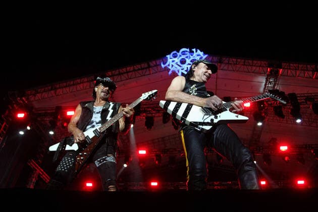 Scorpion Concert at JogjaRockarta Music Festival in Yogyakarta - 01 March 2020. Rudolf Schenker (L), Matthias Jabs (R) guitarists of a German rock band, Scorpion playing guitar during the JogjaRockarta Music Festival in Yogyakarta, Indonesia, Sunday, March 1, 2020. Scorpion s performance was almost canceled due to the corona virus (COVID-19) issue that was sweeping Southeast Asia. (Photo by Devi Rahman INA Photo Agency imago images) 