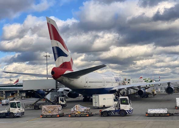 British Airways One World passenger jet Boing 747 Jumbo at International Airport London Heathrow in London, Great Britain, Februar 25, 2020.