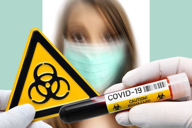 PHOTOMONAY, hands holding blood collection tubes and biohazard sign in front of woman with breathing mask, symbol photo coronavirus ** NUR FUER REDAKTIONELLE ZWECKE ** EDITORIAL USE ONLY **
