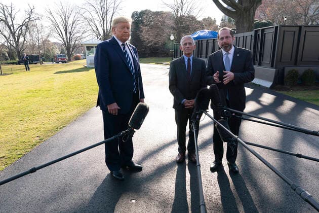 United States President Donald J. Trump (L), National Institute of Allergy and Infectious Diseases Director(NIAID) Director Anthony Fauci(C) and United States Secretary of Health and Human Services (HHS) Alex Azar(R) speak to the media upon returning to the White House in Washington, DC with after meeting at the National Institutes of Health in Bethesda on March 3, 2020. Copyright: xChrisxKleponisx