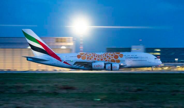 Düsseldorf International Airport, DUS, aircraft on landing, Emirates Airbus A380 800, aviation