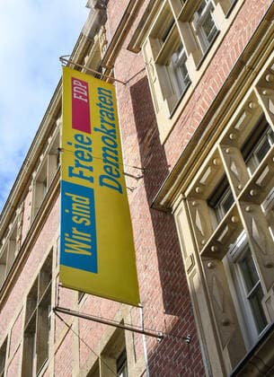 FDP flag in front of the Hans Dietrich Genscher House, Federal Office of the FDP, Free Democrats, Berlin