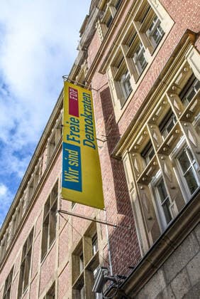 FDP flag in front of the Hans Dietrich Genscher House, Federal Office of the FDP, Free Democrats, Berlin