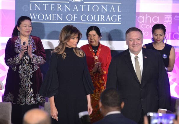 First Lady Melania Trump (2nd,L) and Secretary of State Mike Pompeo arrive to attend the International Women of Courage awards program with (L-R) Sayragul Sauytbay (China), Susanna Liew (Malaysia) and Amaya Coppens (Nicaragua), at the State Department, Wednesday, March 4, 2020, in Washington, DC. The award honors women of courage and leadership in social justice, human rights, gender equality and the advancement of women and girls. WAP20200304504 MIKExTHEILER