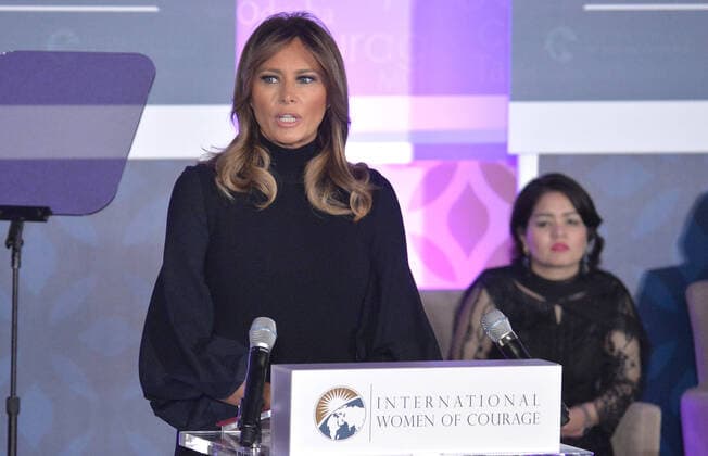 First Lady Melania Trump makes remarks at a International Women of Courage Awardees ceremony at the State Department, Wednesday, March 4, 2020, in Washington, DC. The award honors women of courage and leadership in social justice, human rights, gender equality and the advancement of women and girls.  WAP20200304506 MIKExTHEILER
