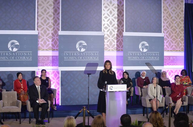 First Lady Melania Trump makes remarks at a International Women of Courage Awardees ceremony at the State Department, Wednesday, March 4, 2020, in Washington, DC. The award honors women of courage and leadership in social justice, human rights, gender equality and the advancement of women and girls.  WAP20200304507 MIKExTHEILER