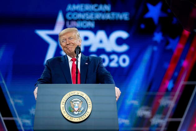 February 29, 2020, Oxon Hill, MD, United States of America: U.S President Donald Trump smiles as he delivers remarks to the Conservative Political Action Conference, known as CPAC, at the Gaylord National Resort and Convention Center February 29, 2020 in Oxon Hill, Maryland. Oxon Hill United States of America - ZUMAp138 20200229_zaa_p138_003 Copyright: xTiaxDufour WhitexHousex