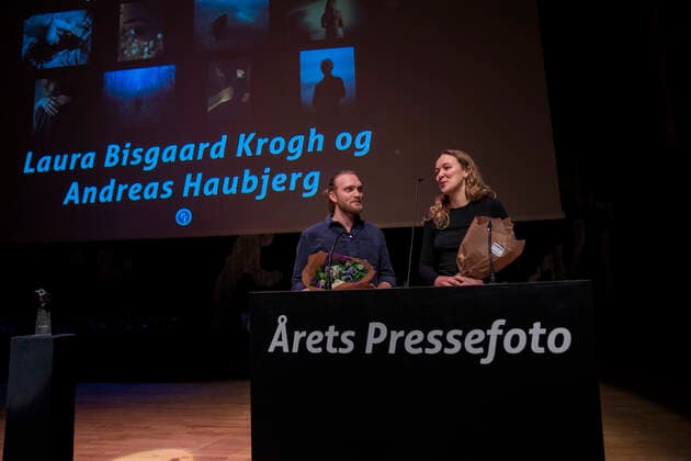 Laura Bisgaard Krogh and Andreas Haubjerg receive the award for this years portrait series AArets Press photo 2019 awards ceremony in the Black Diamond in Copenhagen on Friday, March 6, 2020, Copenhagen Denmark,  Copyright: MartinxSylvestx cop102 spdk20200306-161806-L