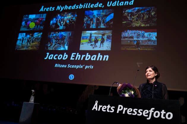 Jacob Erhbahn receives the award for this years news picture he was not present himself AAret Press photo 2019 awards ceremony in the Black Diamond in Copenhagen on Friday, March 6, 2020, Copenhagen Denmark,  Copyright: MartinxSylvestx cop102 spdk20200306-161838-L