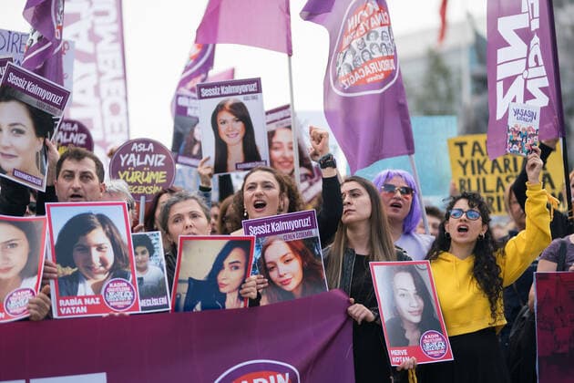 Women gather and shout slogans during a rally International Women s Day in Istanbul on March 8, 2020. The day has been sponsored by the United Nations since 1975 as millions around the world are demanding equality amid a persistent salary gap, violence and widespread inequality. (Nazim Serhat Firat- Depo Photos) Copyright: NazimxSerhatxFiratx-xDepoxPhotos 16690905