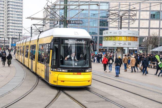 DEU, Germany, Berlin, 07 03 2020 BVG tram at Alexanderplatz, line M5 S U Station Hauptbahnhof