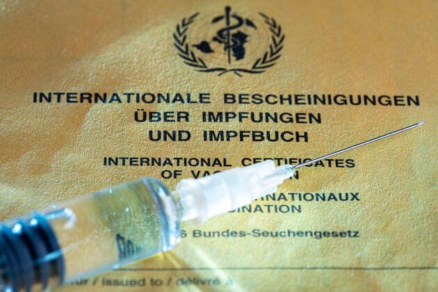 Symbolfoto Vaccination, vaccination card, syringe with vaccine, vaccination