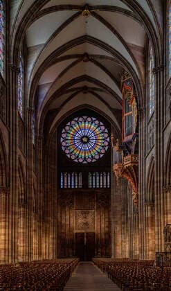 Strasbourg city views 05 03 2020 07 03 2020, Strasbourg Strasbourg Münster, Strasbourg Notre Dame Catheadrale, interior shots, organ with rosette, window at the west front Strasbourg France