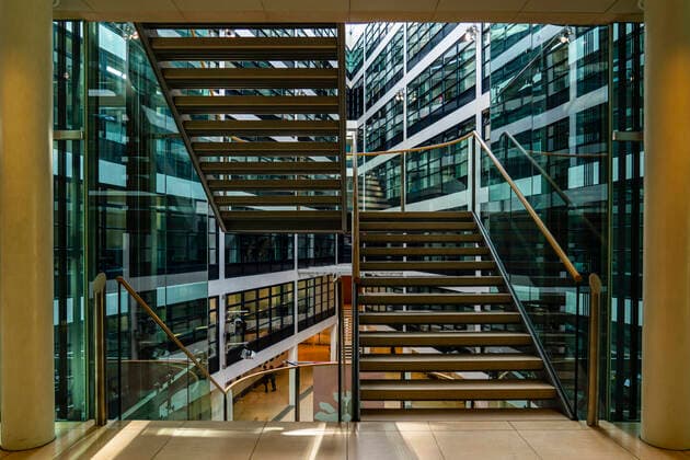 In the atrium of the Willy Brandt House, the federal headquarters of the Social Democratic Party of Germany SPD in Berlin Kreuzberg Photo Volker Hohlfeld Willy Brandt House