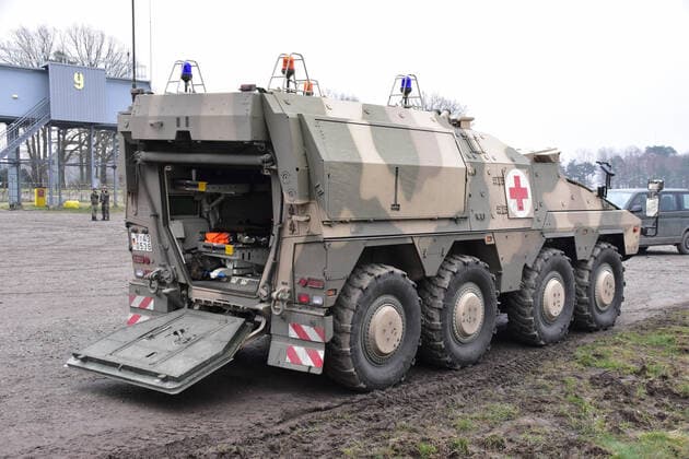 GTK Boxer at the Bergen Military Training Area Media Day Goodbye Marder Welcome Puma of Panzer Brigade 21 from Augustdorf GTK Boxer ambulance vehicle is available to provide assistance in medical emergencies during an ongoing combat exercise at the Bergen Military Training Area in the Lüneburg Heath Bergen Lower Saxony Germany