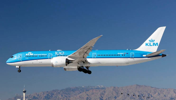 A Boeing 787 (787-9) Dreamliner jet, belonging to KLM Royal Dutch Airlines (parent company Air France KLM), lands at McCarran International Airport in Las Vegas, Nevada on Feb. 23, 2020. digital photo by Larry MacDougal KLM in Las Vegas