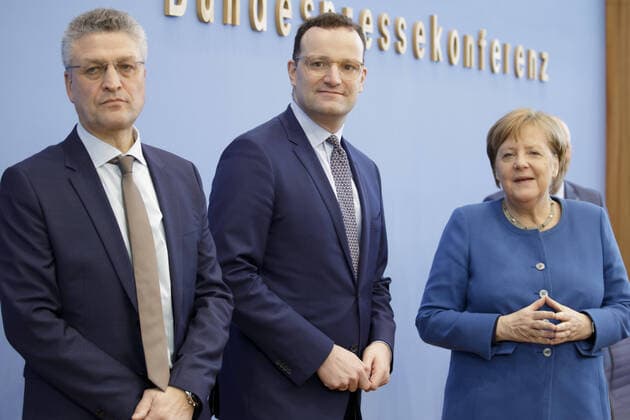 Press conference on coronavirus German Chancellor Dr Angela Merkel R , the Federal Minister of Health Jens Spahn M and Prof Dr Lothar H Wieler, L President Robert Koch Institute Berlin Germany Copyright: xThomasxImo photothek.netx