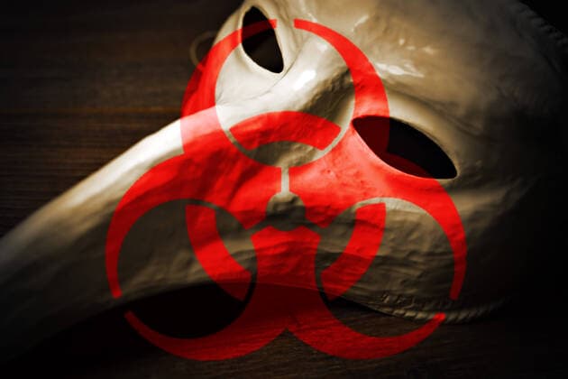 PHOTOMONTAGE, biohazard sign in front of Venetian plague mask ** NUR FUER REDAKTIONELLE ZWECKE ** EDITORIAL USE ONLY **