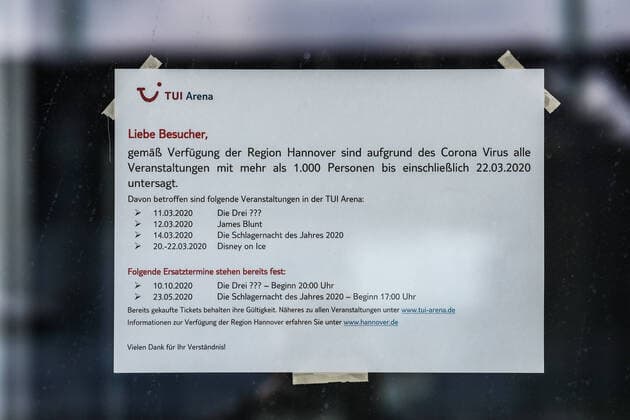 Hanover, TUI Arena concert cancellations due to coronavirus,