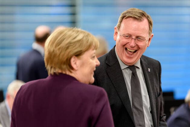 Chancellor Angela Merkel and Prime Minister Bodo Ramelow on the occasion of the joint meeting of Chancellor Merkel with the Prime Ministers of the Federal States in the Federal Chancellery in Berlin snapshot photography F Boillot