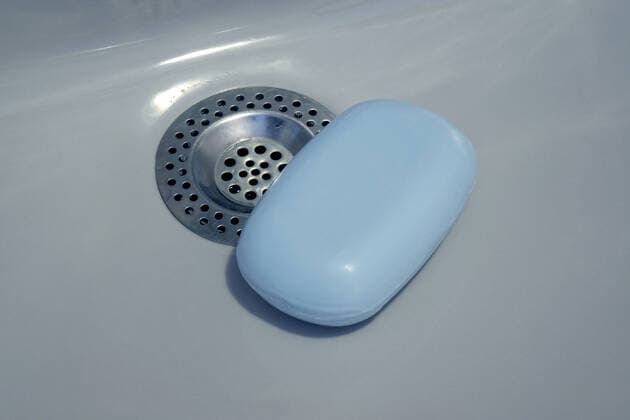 Soap in a sink Soap in a sink, 12 03 2020, Borkwalde, Brandenburg, Germany, In a sink there is a piece of soap