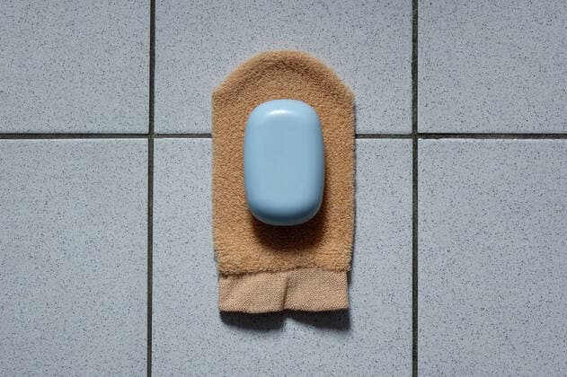 Washcloth and soap Washcloth and soap, 12 03 2020, Borkwalde, Brandenburg, Germany, A piece of soap lies on a washcloth