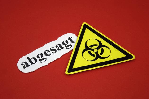 Biohazard and cancelled Biohazard and cancelled, 12 03 2020, Borkwalde, Brandenburg, Germany, Next to the symbol of Biohazard is the lettering cancelled