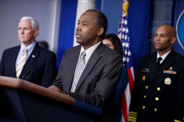 March 14, 2020, Washington, District of Columbia, USA: Secretary of Housing and Urban Development Ben Carson, with Vice President Mike Pence (L) and members of the coronavirus taskforce, responds to a question from the news media during a COVID-19 coronavirus press conference at the White House in Washington, DC, USA, 14 March 2020. To date there are 2175 confirmed cases of COVID-19 coronavirus in the US with 50 deaths Washington USA - ZUMAs152 20200314_zaa_s152_059 Copyright: xShawnxThewx