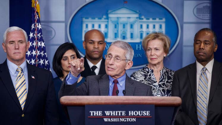 March 14, 2020, Washington, District of Columbia, USA: Director of the National Institute of Allergy and Infectious Diseases Dr. Anthony Fauci, with Vice President Mike Pence (L) and members of the coronavirus taskforce, responds to a question from the news media during a COVID-19 coronavirus press conference at the White House in Washington, DC, USA, 14 March 2020. To date there are 2175 confirmed cases of COVID-19 coronavirus in the US with 50 deaths Washington USA - ZUMAs152 20200314_zaa_s152_078 Copyright: xShawnxThewx