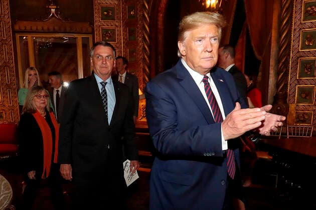 March 7, 2020, Palm Beach, FL, United States: U.S. President Donald Trump escorts Brazilian President Jair Bolsonaro to a dinner at the Mar a Lago resort March 7, 2020 in Palm Beach, Florida. Palm Beach United States - ZUMAp138 20200307_zaa_p138_020 Copyright: xAlanxSantos PresidentxBrazilx