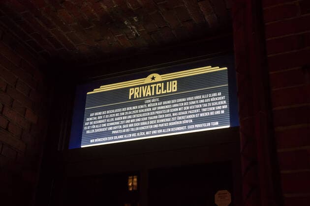 Berlin Coronoa Virus Pub closures Due to an order of the Berlin Senate, bars, clubs and pubs have to stay closed since 13 March 2020 to slow down the spread of the Corona Virus In the picture, note on the closure of the private club in Berlin Kreuzberg 14 3 2020, Berlin