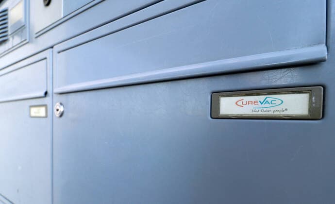 Tuebingen 15 03 2020 Company logo on the mailbox at the headquarters of the biopharmaceutical company with CureVac AG in Tuebingen ULMER