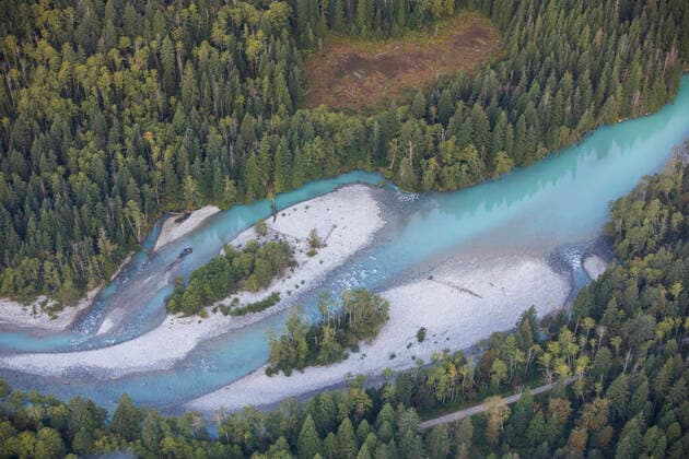 Aerial view of the braided Upper Stave River, Vancouver, B.C. Vancouver, BC, Canada CR_JDIP200203-284639-01
