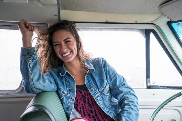 Laughing teenage girl in front seat of vintage van United States, Washington, Bellingham ,model released, Symbolfoto CR_FGUQ200206E-301043-01